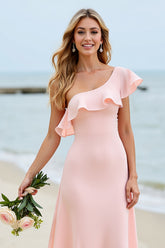 Chiffon Ein Schulter A Linie Bonbonrosa Brautjungfernkleid mit Rüschen